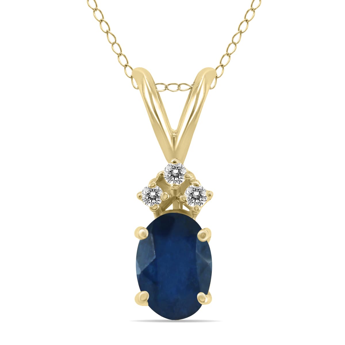 14K Yellow Gold 6x4MM Oval Sapphire and Three Stone Diamond Pendant