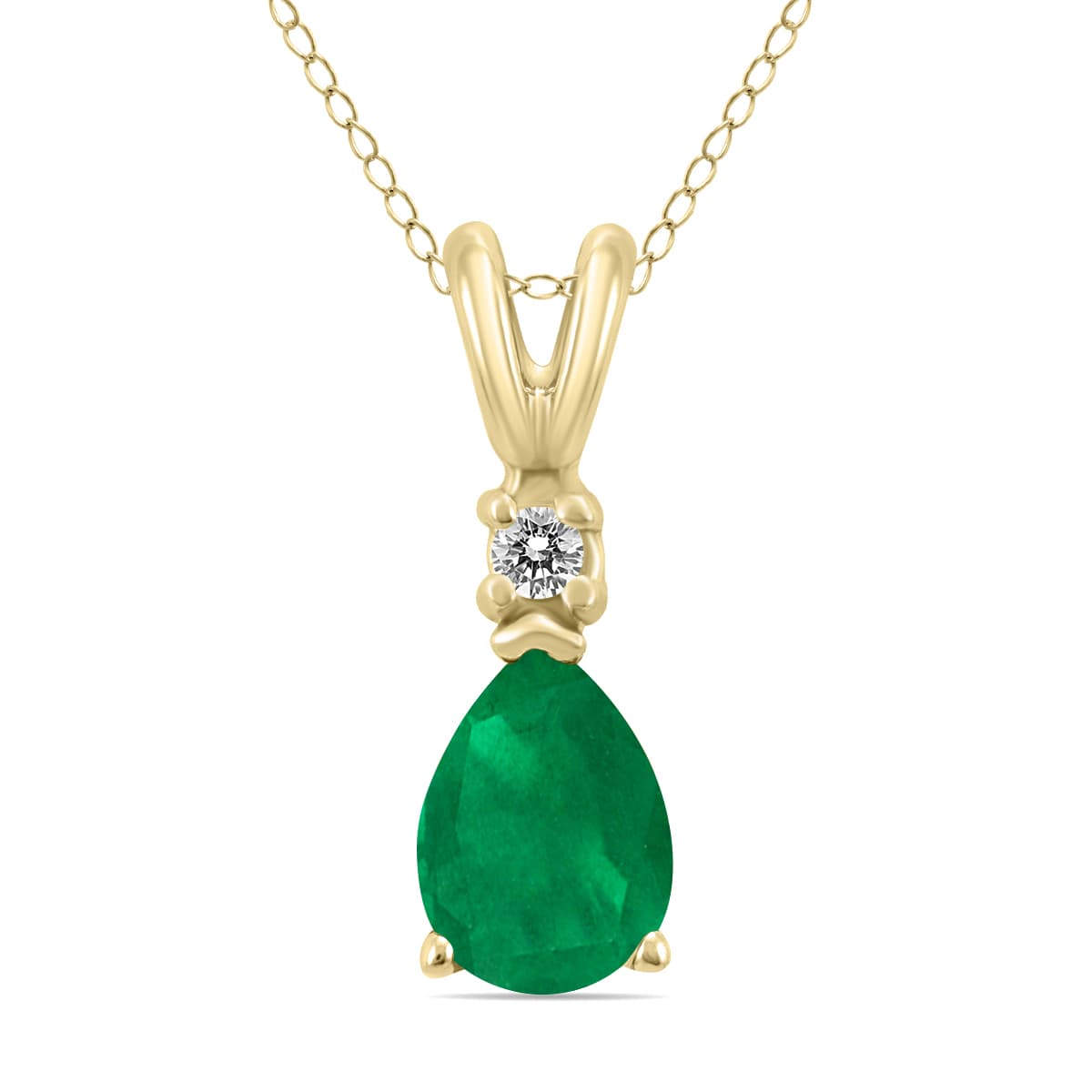14K Yellow Gold 6x4MM Pear Emerald and Diamond Pendant
