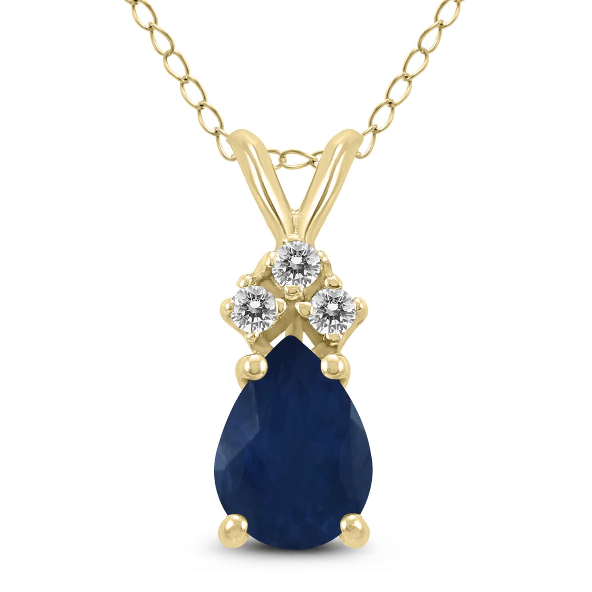 14K Yellow Gold 6x4MM Pear Sapphire and Three Stone Diamond Pendant