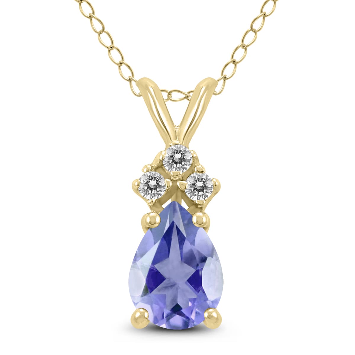 14K Yellow Gold 6x4MM Pear Tanzanite and Three Stone Diamond Pendant