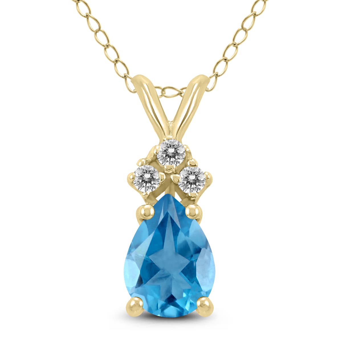 14K Yellow Gold 8x6MM Pear Blue Topaz and Three Stone Diamond Pendant