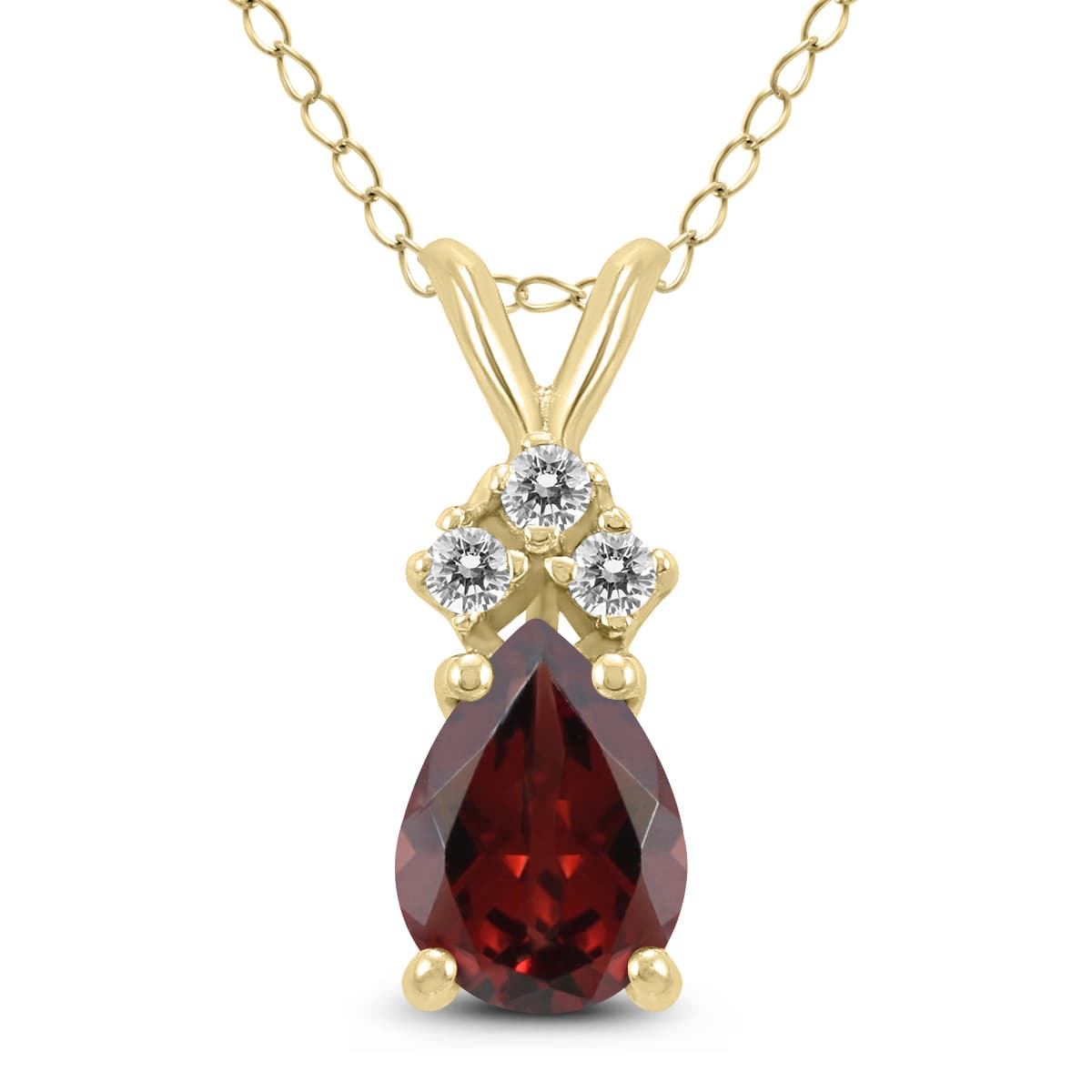 14K Yellow Gold 8x6MM Pear Garnet and Three Stone Diamond Pendant