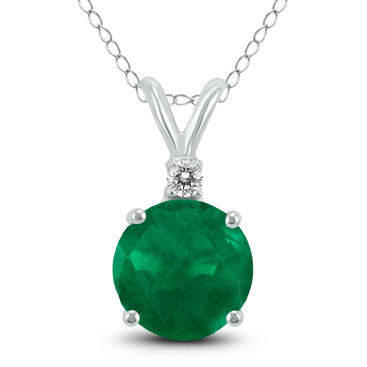 14K White Gold 4MM Round Emerald and Diamond Pendant