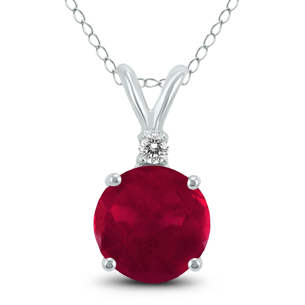 14K White Gold 4MM Round Ruby and Diamond Pendant