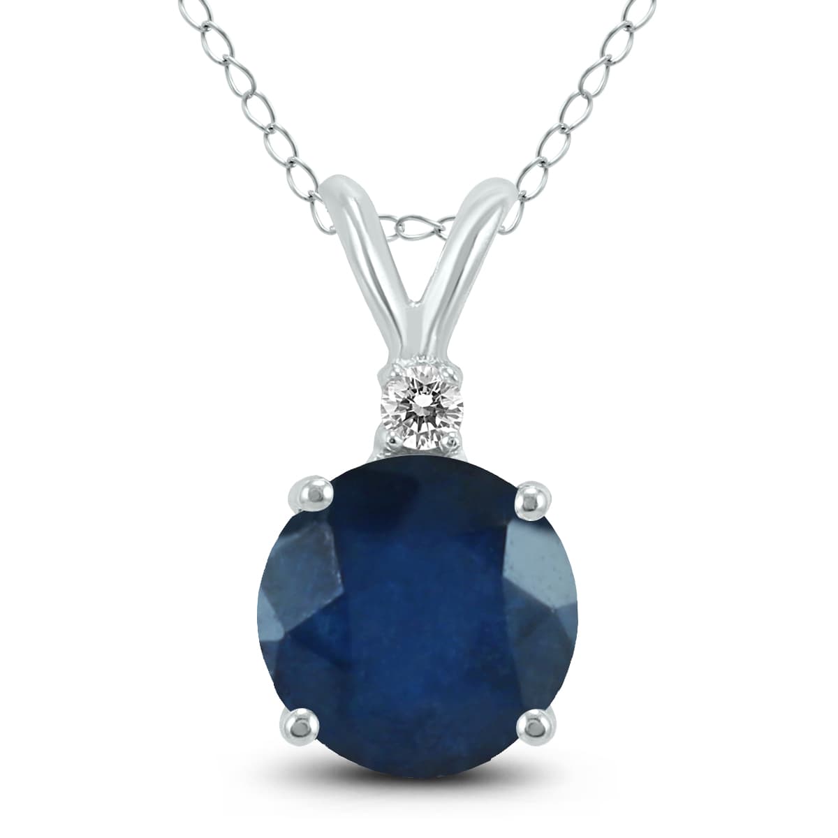 14K White Gold 4MM Round Sapphire and Diamond Pendant