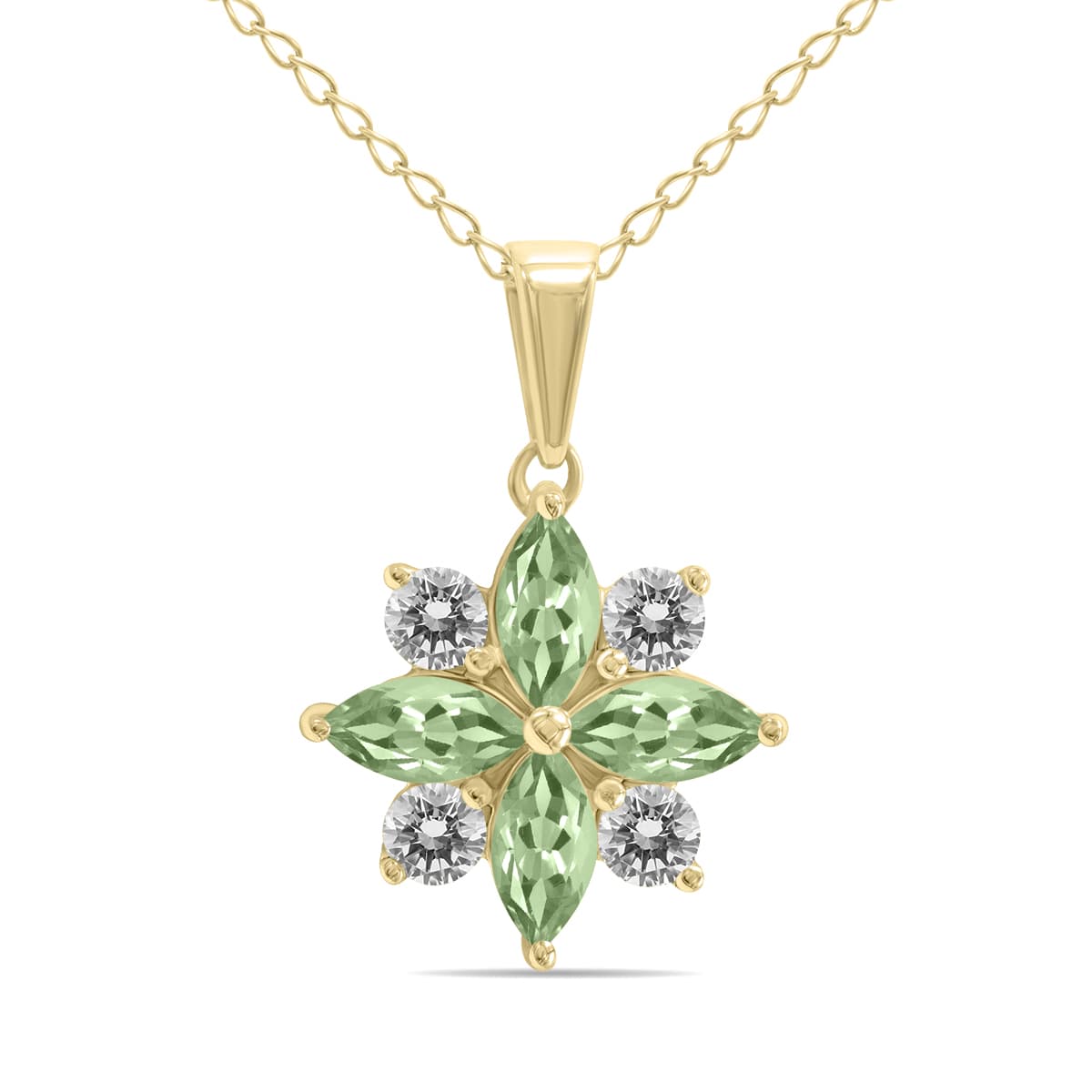 3/4 Carat TW Green Amethyst and Diamond Flower Pendant in 10K Yellow Gold