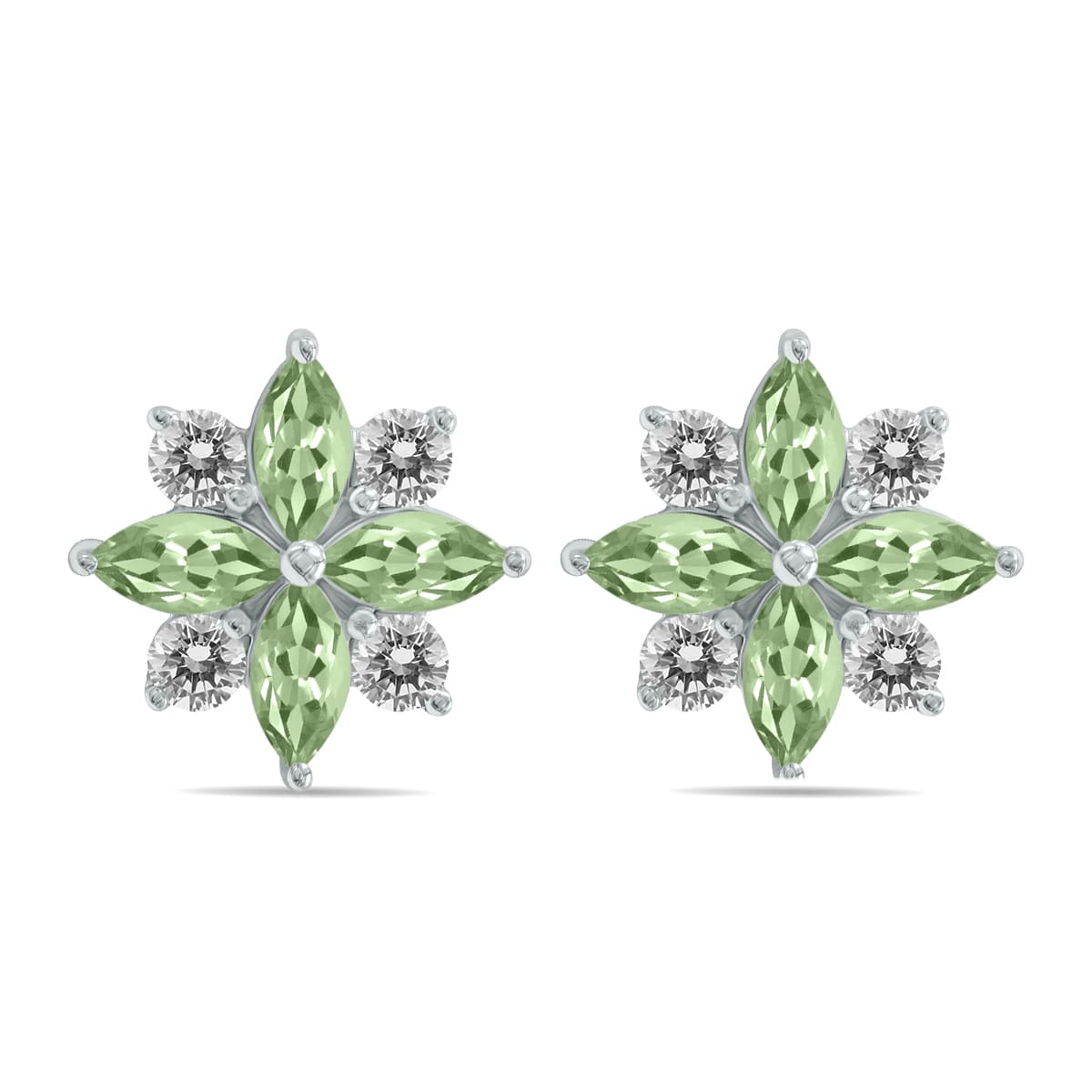 1 Carat TW Green Amethyst and Diamond Flower Earrings in 10K White Gold
