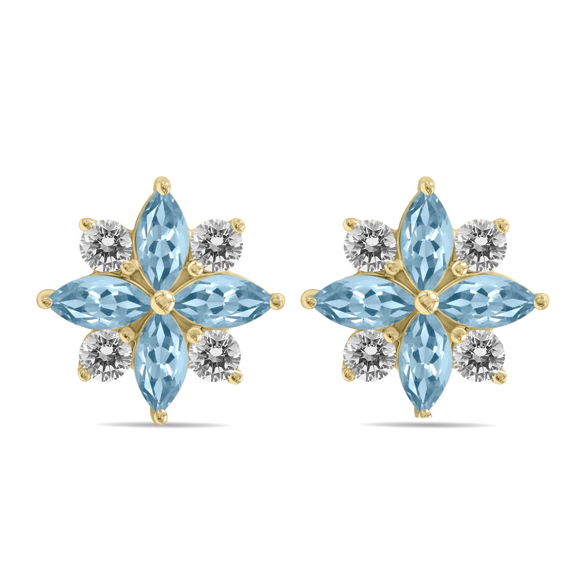 1 Carat TW Aquamarine and Diamond Flower Earrings in 10K Yellow Gold