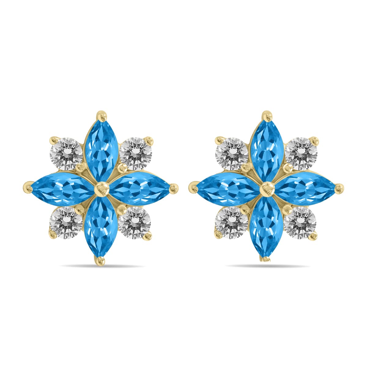 1 Carat TW Blue Topaz and Diamond Flower Earrings in 10K Yellow Gold