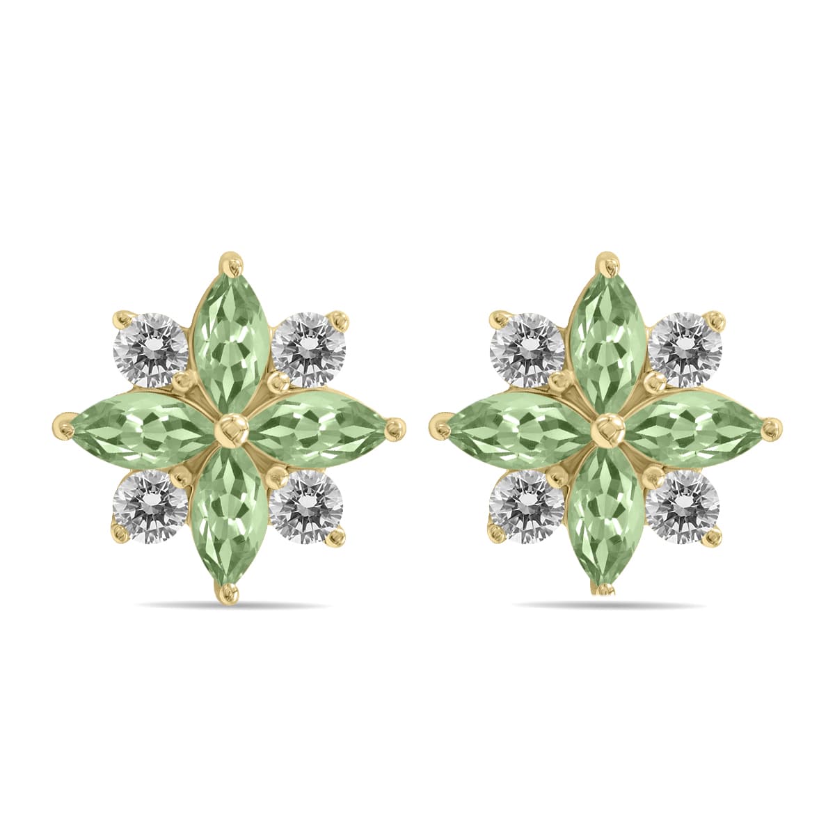 1 Carat TW Green Amethyst and Diamond Flower Earrings in 10K Yellow Gold