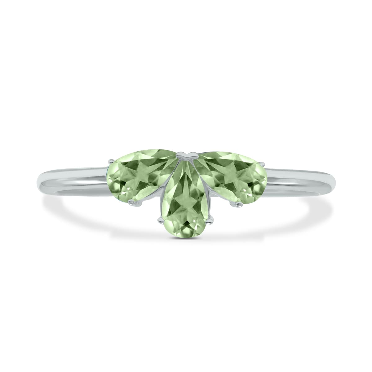 Green Amethyst Pear Shape Three Stone Ring in 10K White Gold