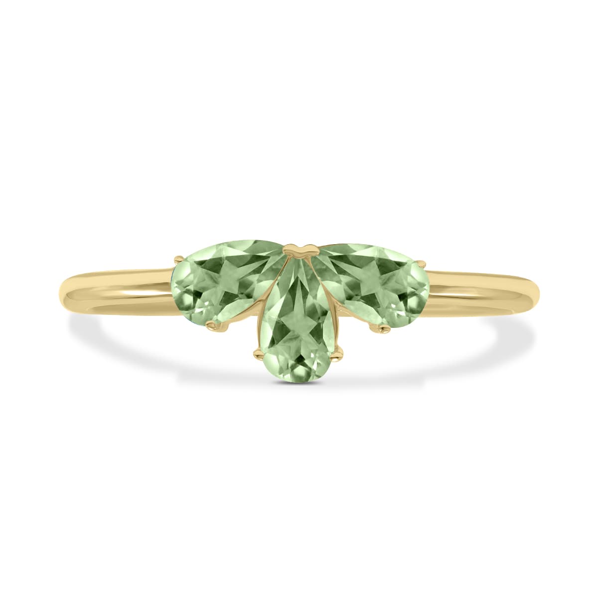 Green Amethyst Pear Shape Three Stone Ring in 10K Yellow Gold
