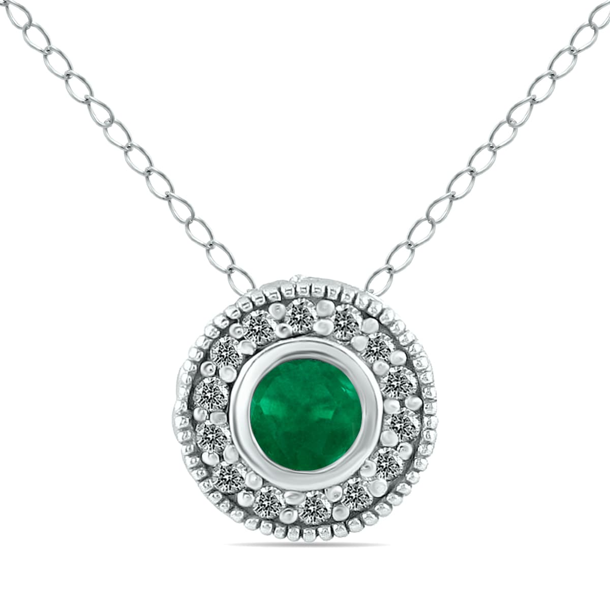 Emerald and Bezel Diamond Pendant in 10K White Gold