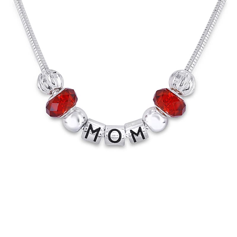 Hand Blown Red Glass Bead MOM Charm Necklace