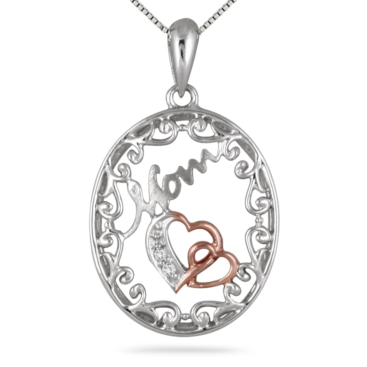 MOM Diamond Double Heart Engraved Pendant in 18K Rose Gold Plated.925 Sterling Silver