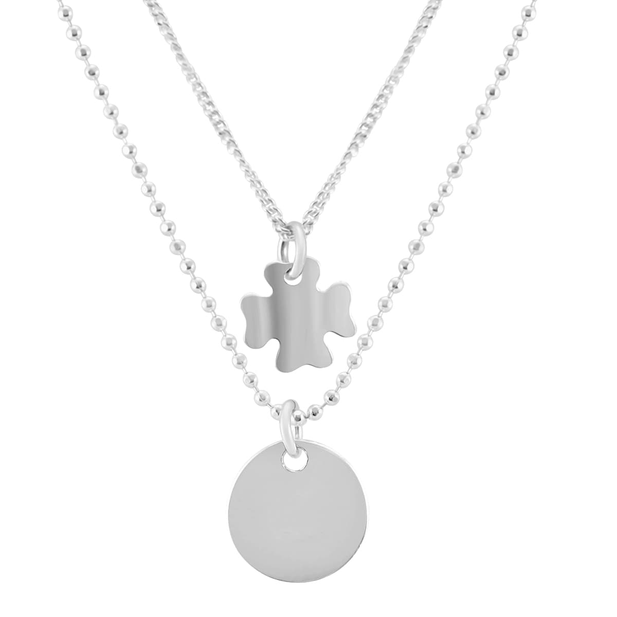 Four Leaf Clover and Tag Double Chain Necklace in.925 Sterling Silver