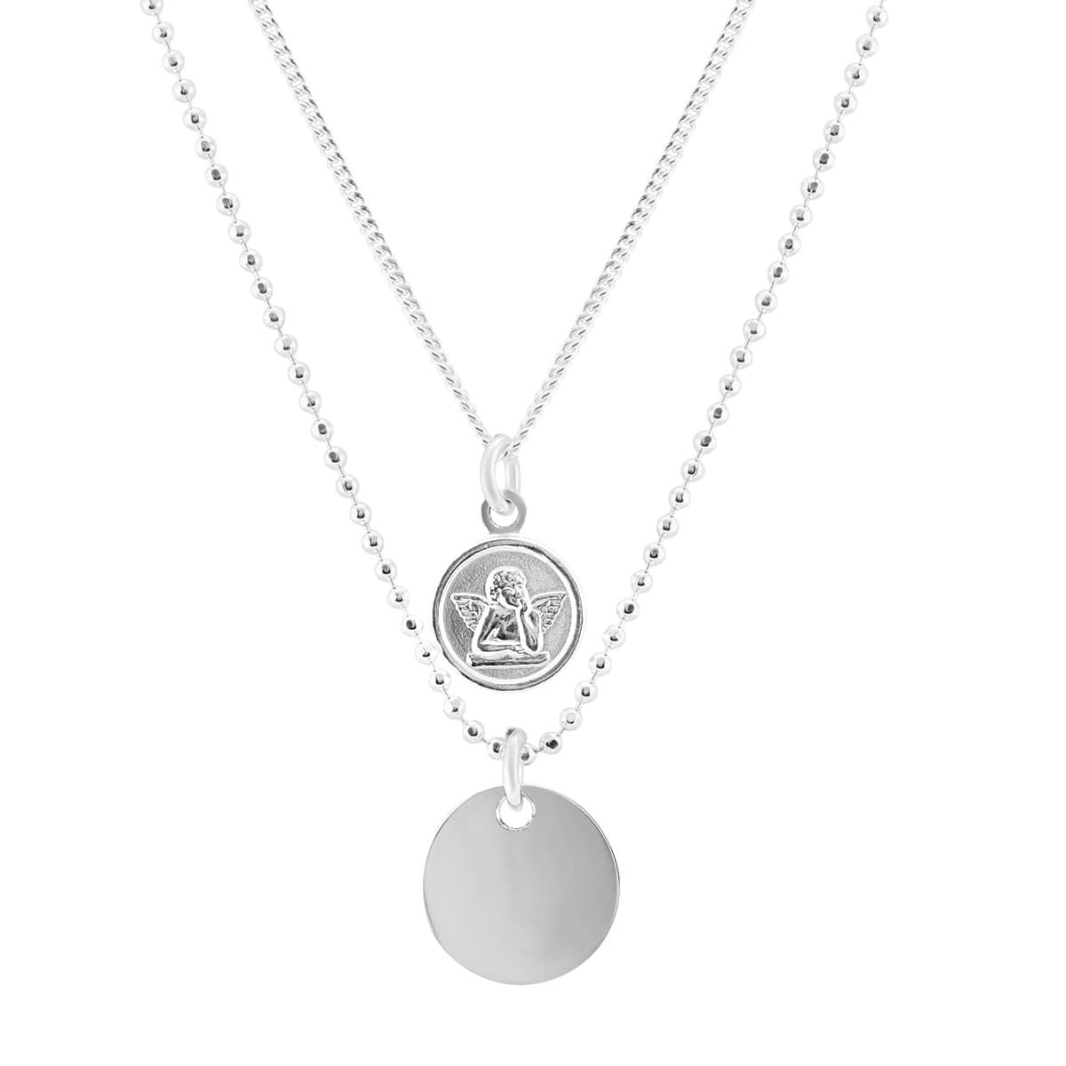 Angel Disc Double Chain Necklace in.925 Sterling Silver