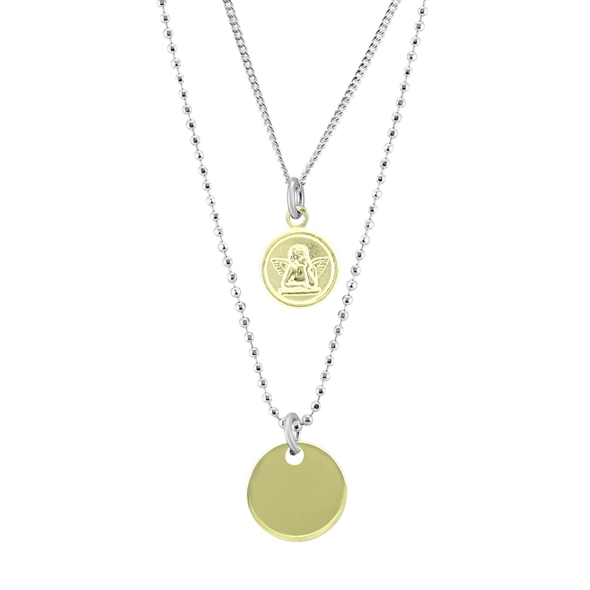 Double Chain Angel Disk Necklace in.925 Sterling Silver