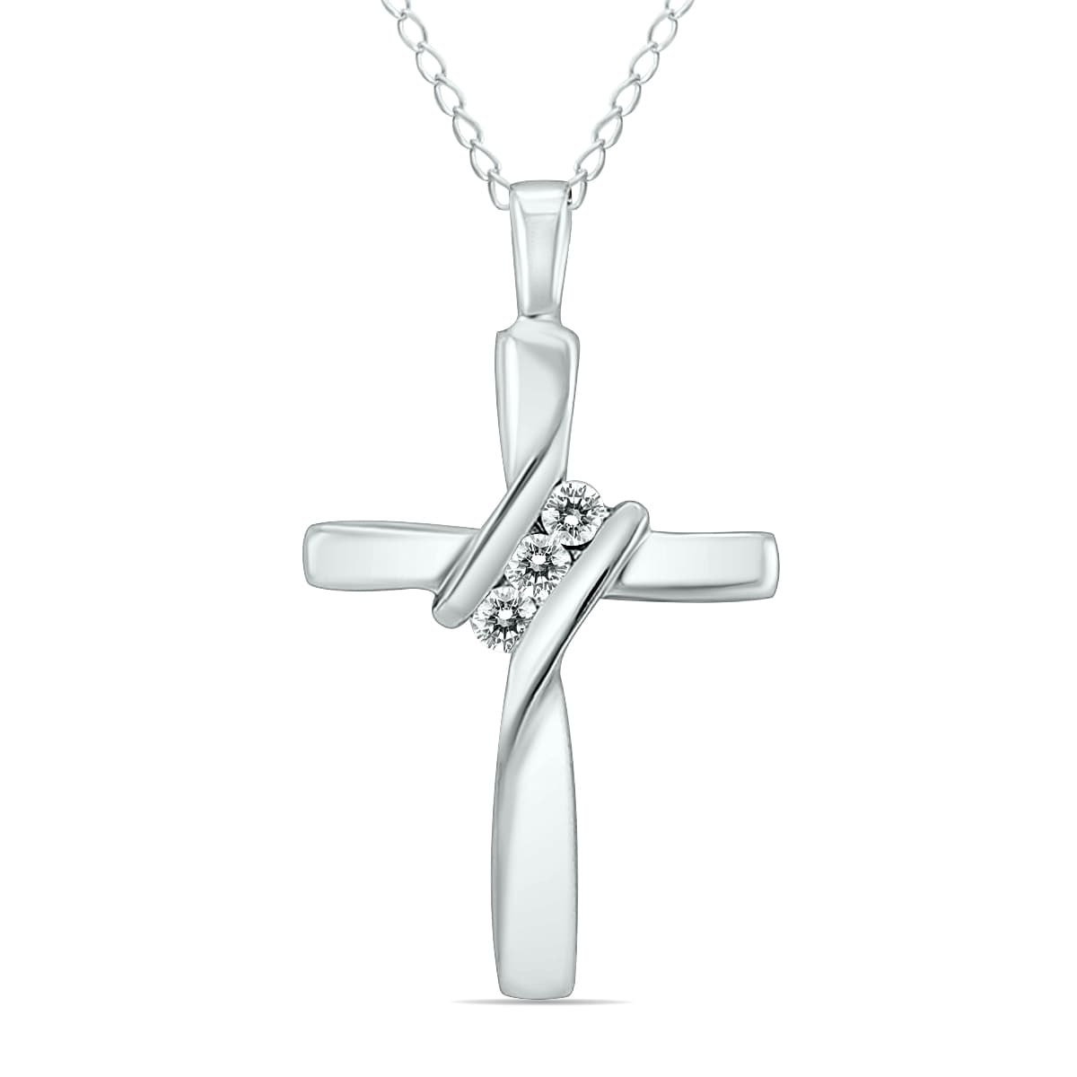 Three Stone Diamond Cross Pendant in 10K White Gold