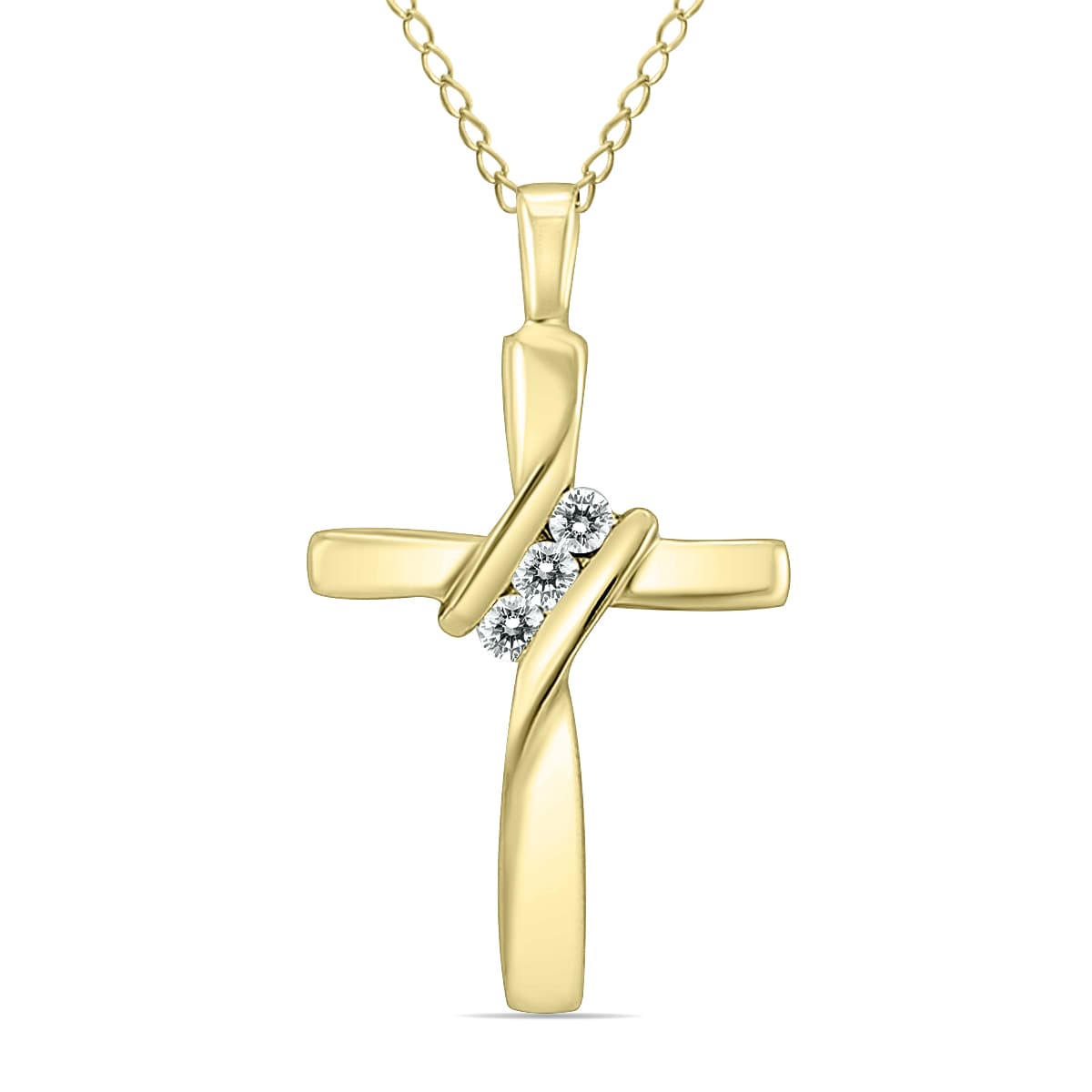 Three Stone Diamond Cross Pendant in 10K Yellow Gold