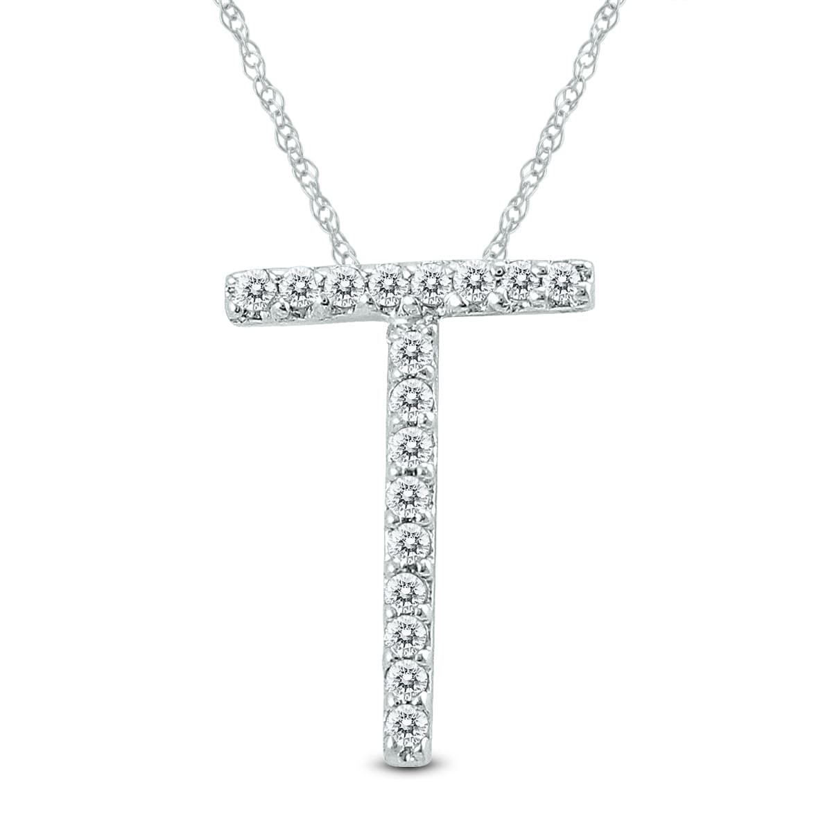 1/10 Carat TW T Initial Diamond Pendant Necklace in 10K White Gold with Adjustable Chain