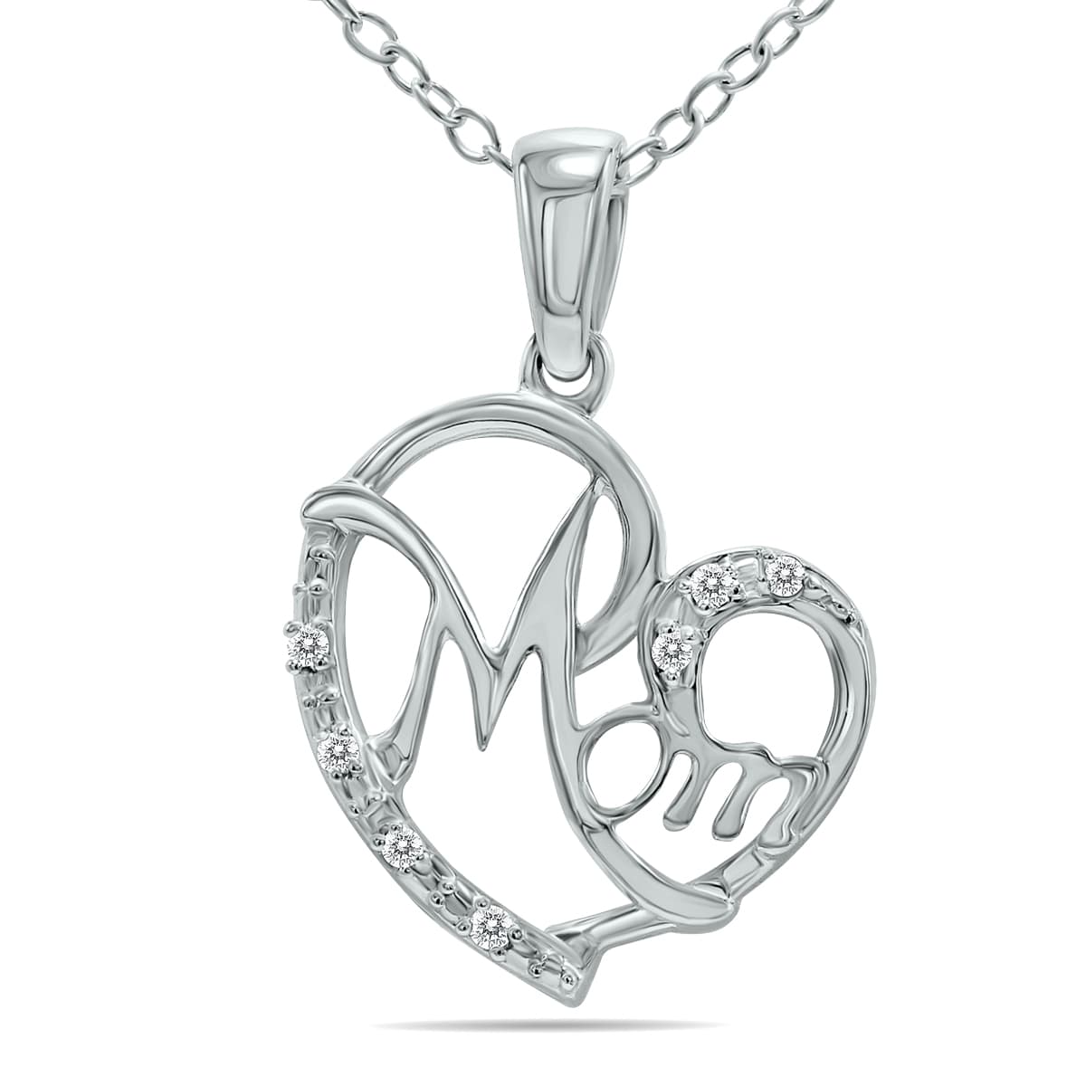 Cursive Mom Heart Diamond Necklace in.925 Sterling Silver