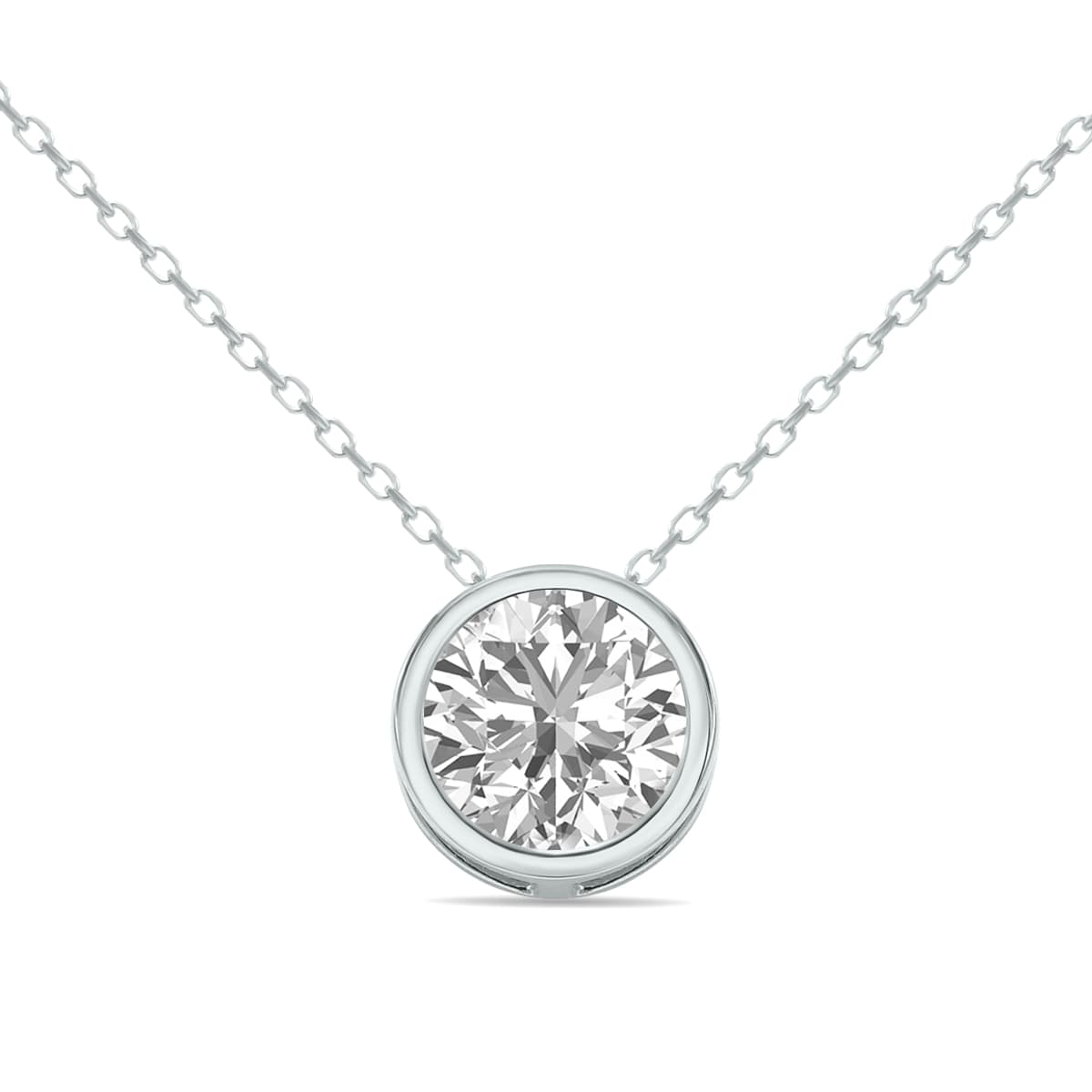Lab Grown 1 Carat Round Solitaire Diamond Bezel Set Pendant in 14K White Gold