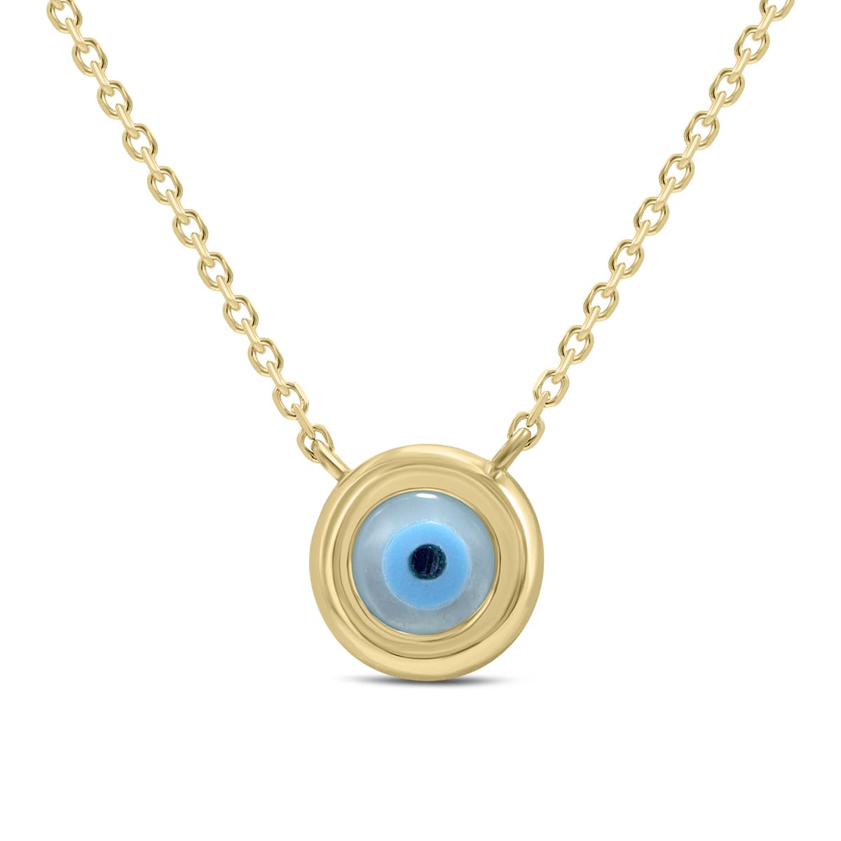 14K Yellow Gold Round Evil Eye Necklace with Mother of Pearl and Spring Ring Clasps
