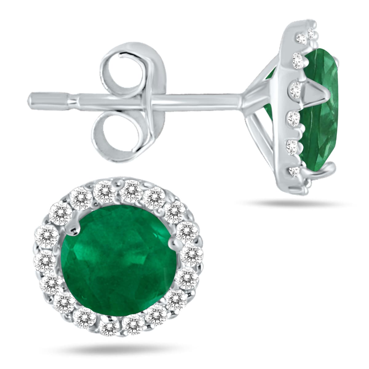 5MM Emerald and Genuine Diamond Stud Earrings in 14K White Gold