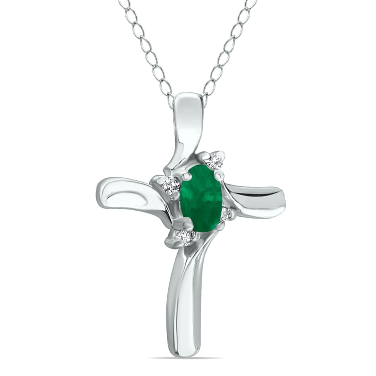 Emerald Cross Diamond Pendant 10k White Gold