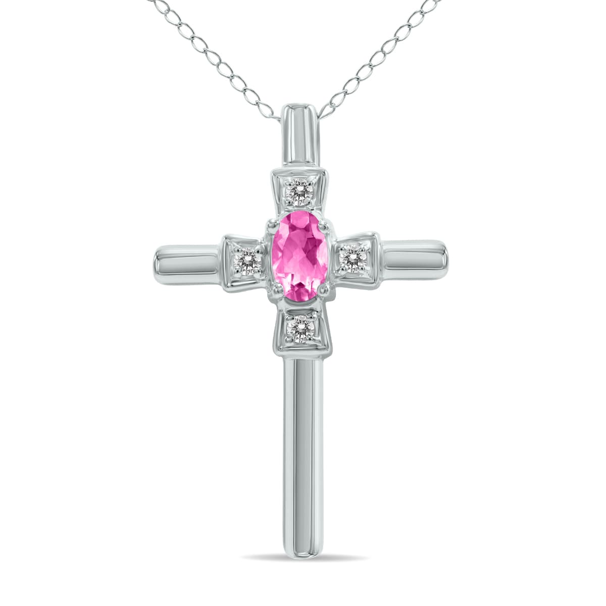 Pink Sapphire and Diamond Cross Pendant 10k White Gold