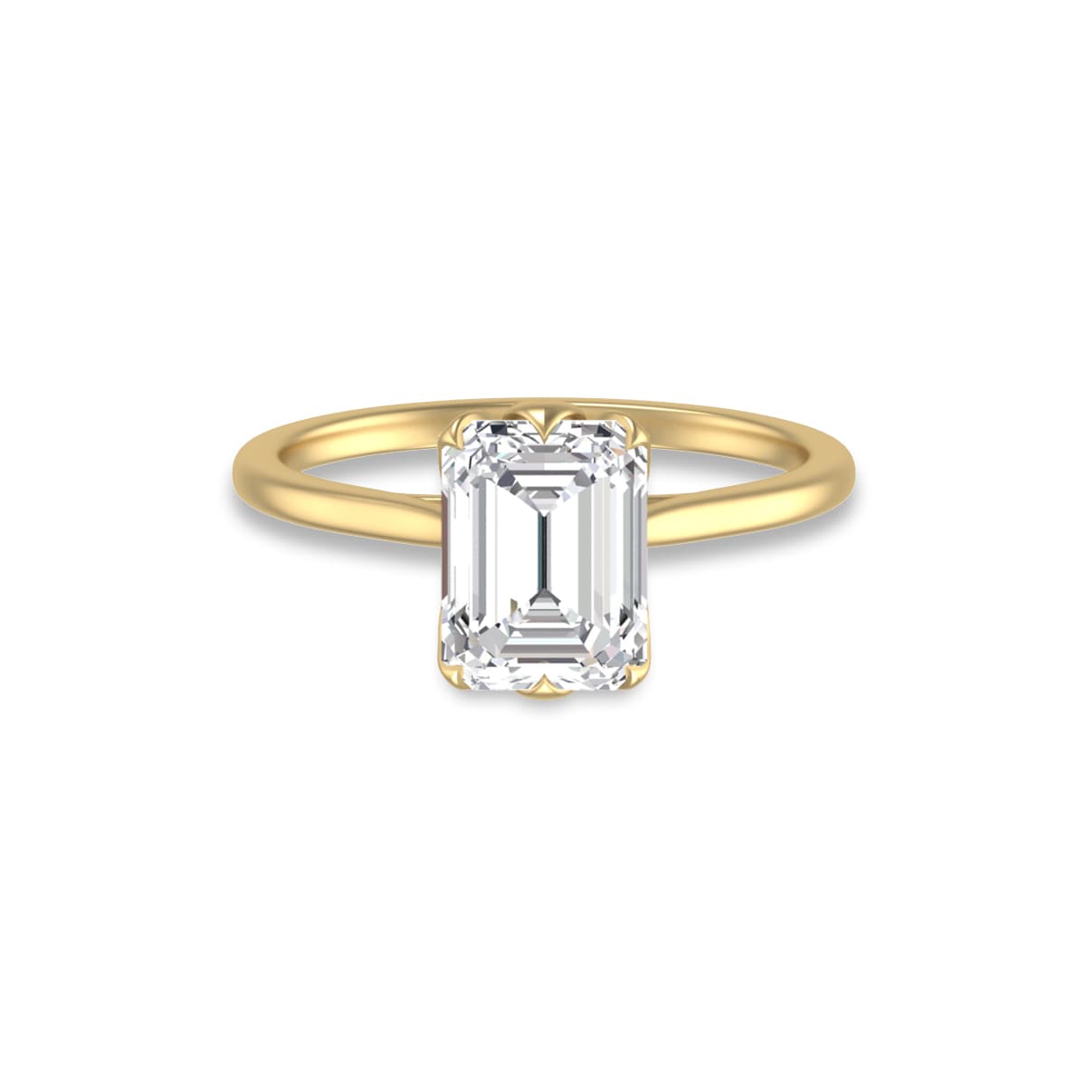 14K Yellow Gold Classic Lotus Solitaire Ring with Certified 2 Carat Emerald Cut Lab Grown Diamond