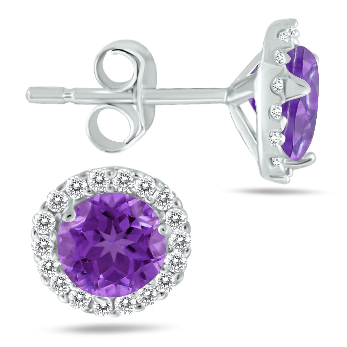 5MM Amethyst and Genuine Diamond Stud Earrings in 14K White Gold