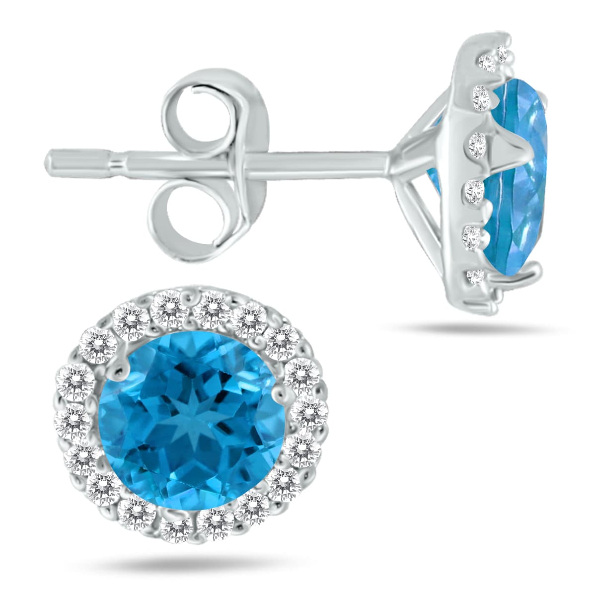 5MM Blue Topaz and Genuine Diamond Stud Earrings in 14K White Gold