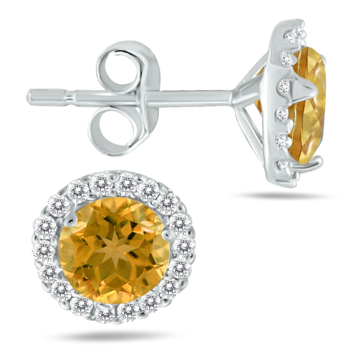 5MM Citrine and Genuine Diamond Stud Earrings in 14K White Gold