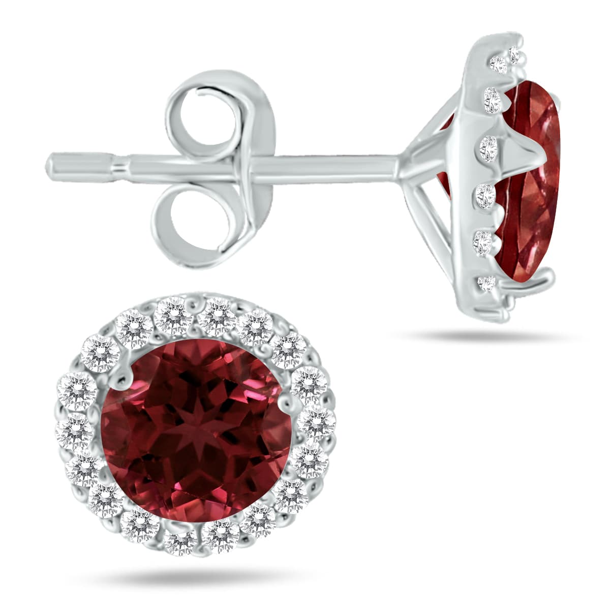 5MM Garnet and Genuine Diamond Stud Earrings in 14K White Gold