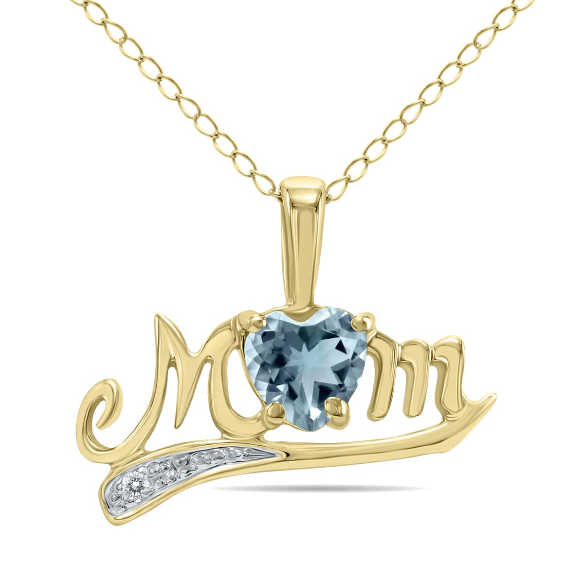 Aquamarine and Diamond MOM Pendant in 10K Yellow Gold