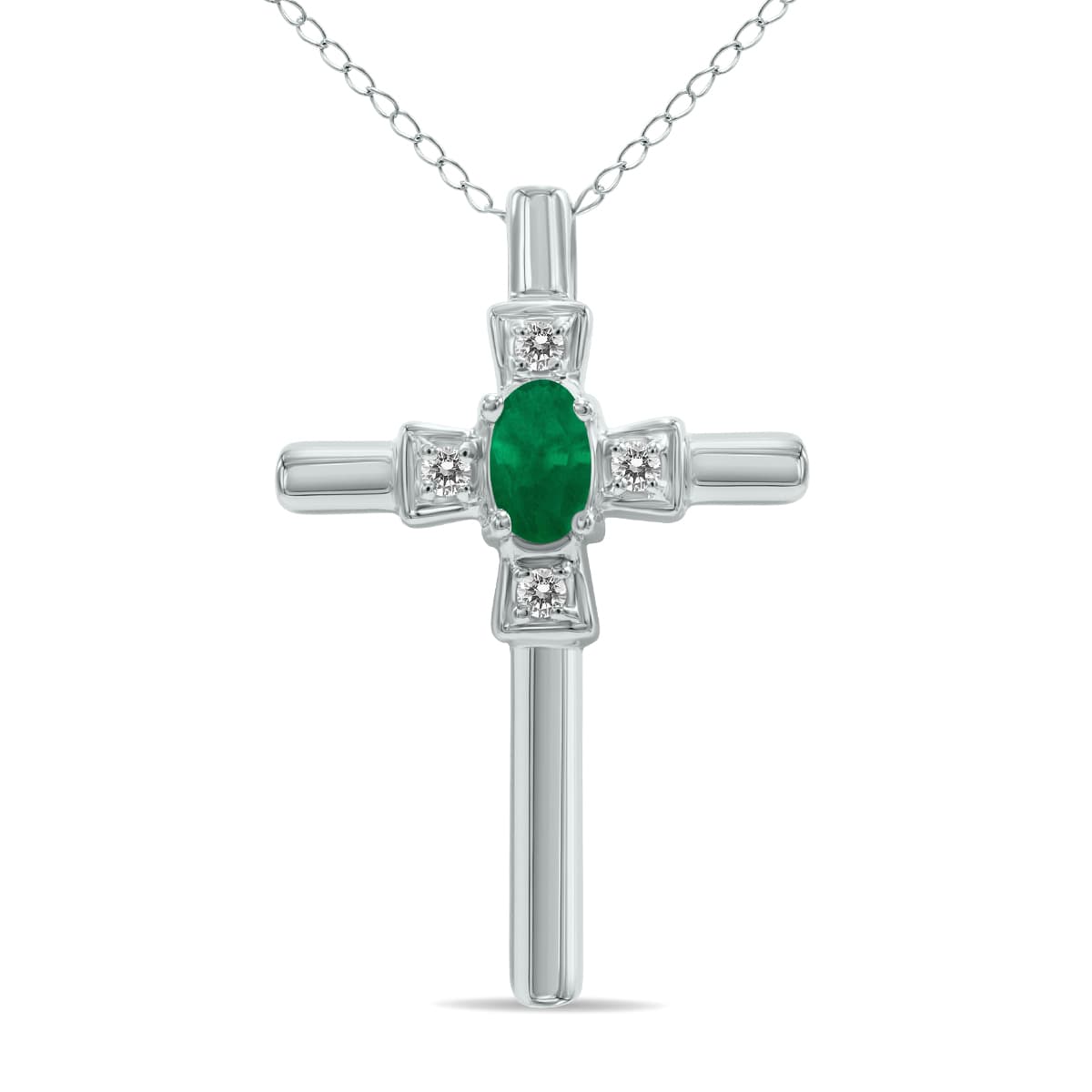Emerald and Diamond Cross Pendant 10K White Gold