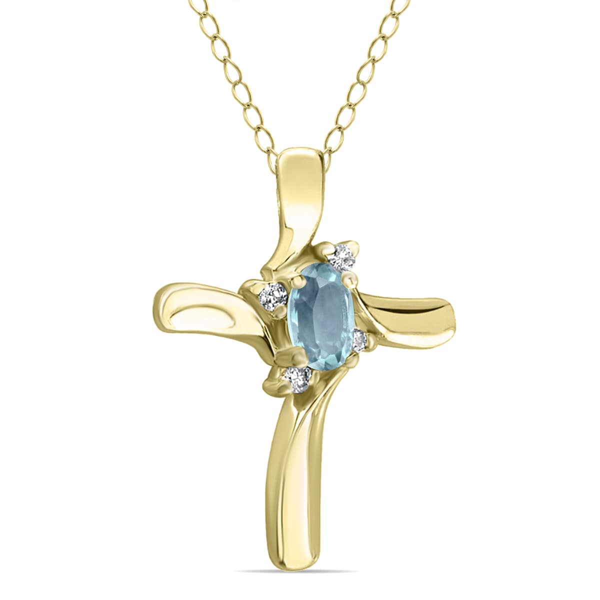 Aquamarine Cross Diamond Pendant 10k Yellow Gold