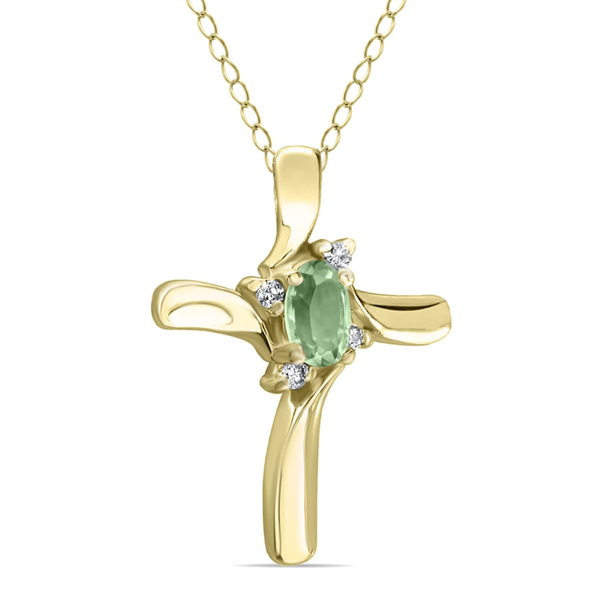 Green Amethyst Cross Diamond Pendant 10k Yellow Gold