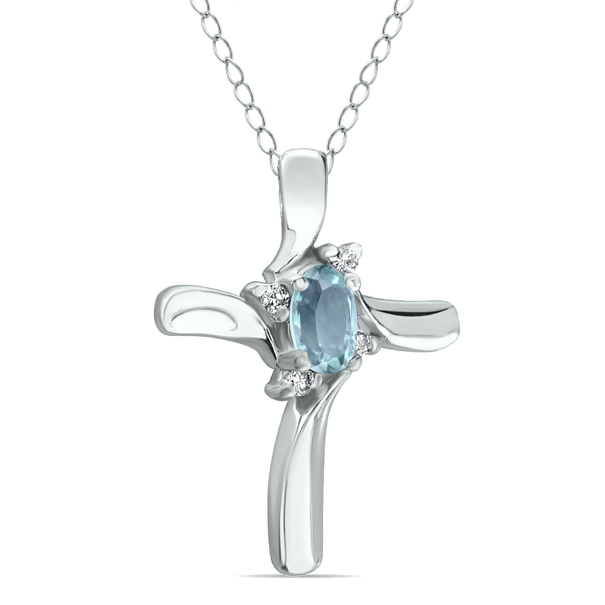 Aquamarine Cross Diamond Pendant 10k White Gold