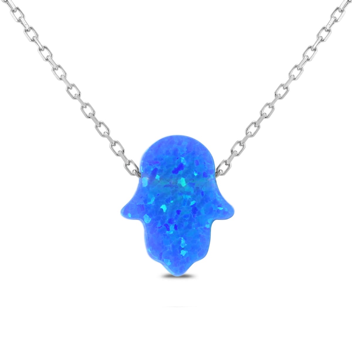 Created Opal Hamsa Pendant with.925 Sterling Silver Adjustable Chain