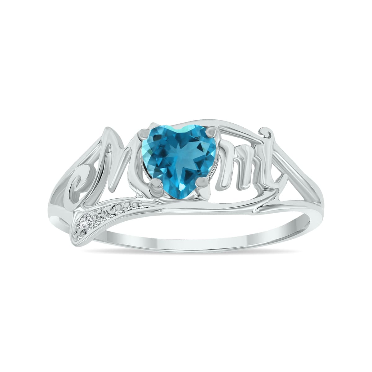 Blue Topaz and Diamond Heart Shaped MOM Ring in 10K White Gold