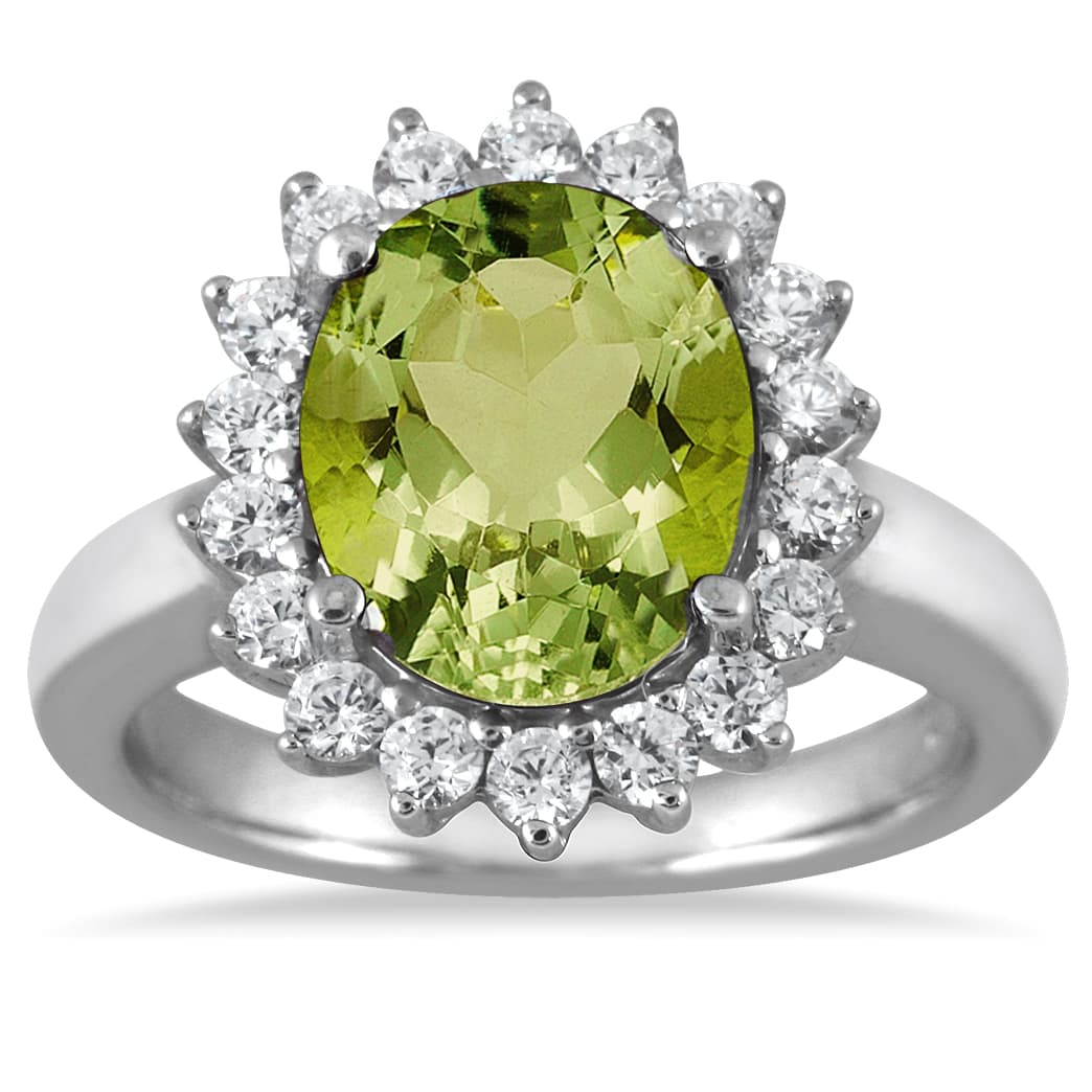4 Carat Peridot and Diamond Ring in 14K White Gold