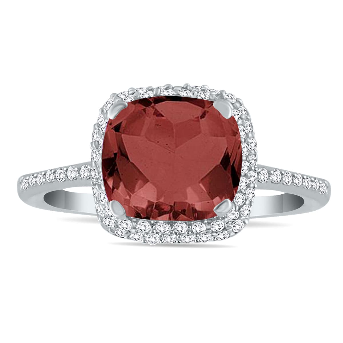 Cushion Cut Garnet and Diamond Halo Ring in 10K White Gold