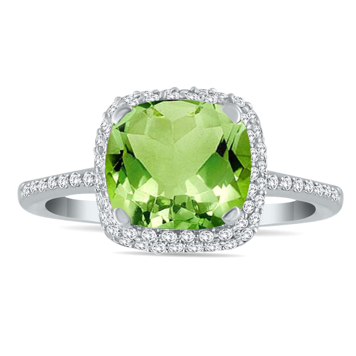 Cushion Cut Peridot and Diamond Halo Ring in 10K White Gold
