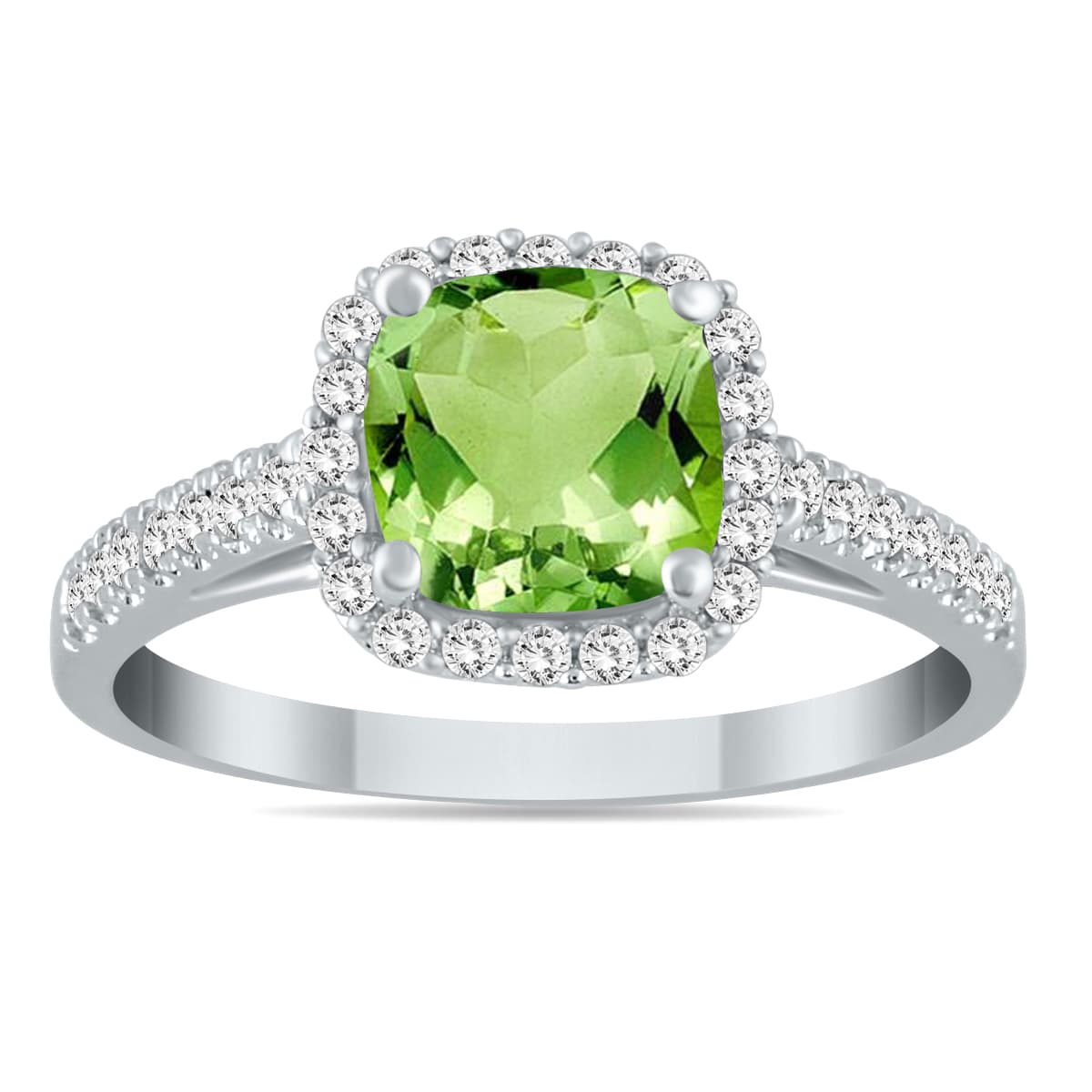 5MM Cushion Cut Peridot and Diamond Halo Ring in 10K White Gold
